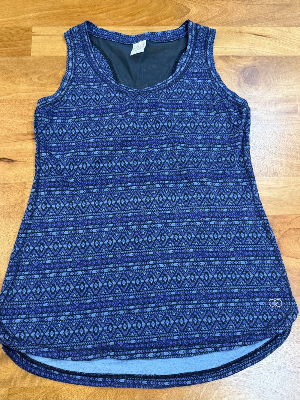 CALIA Blue Patterned Scoop Neck Tank w/ Sheer Panel Back Size Large